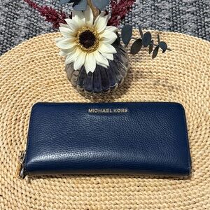 Michael Kors Navy Blue Pebbled Leather Zip Around Wallet